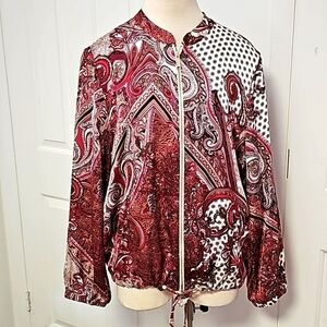 CHICO'S,  Y2K NWOT bomber zipper jacket.  Gold hardware. Red Paisley. Size X…